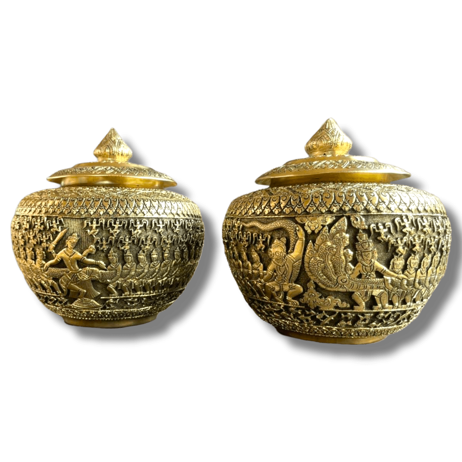 Hand Engraved Solid Brass Niello Betel Box with Lotus Lid - Ramayana 