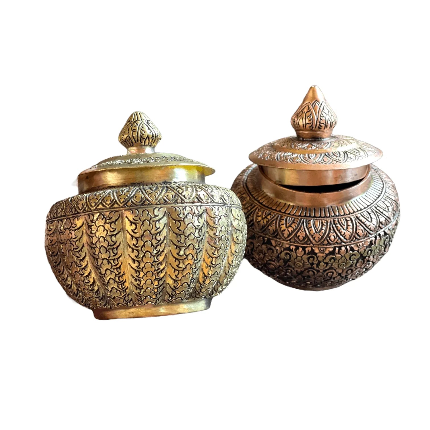 Hand Engraved Solid Brass Niello Betel Box with Lotus Lid