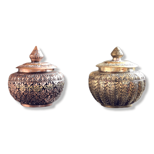 Hand Engraved Solid Brass Niello Betel Box with Lotus Lid 