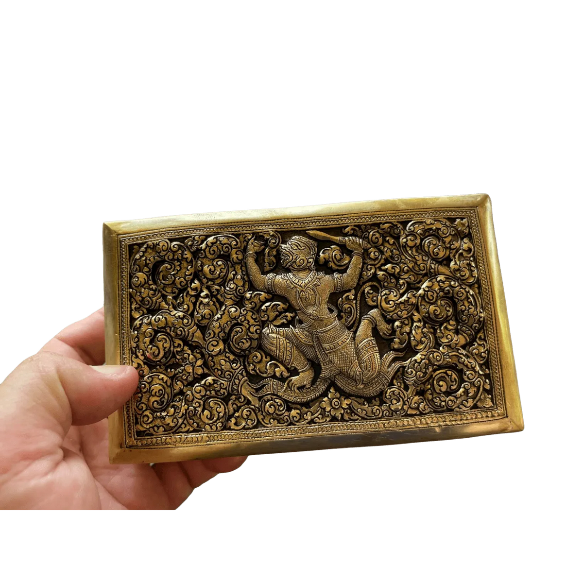 Hand Engraved Solid Brass Niello Rectangular Betel Box - Hanuman