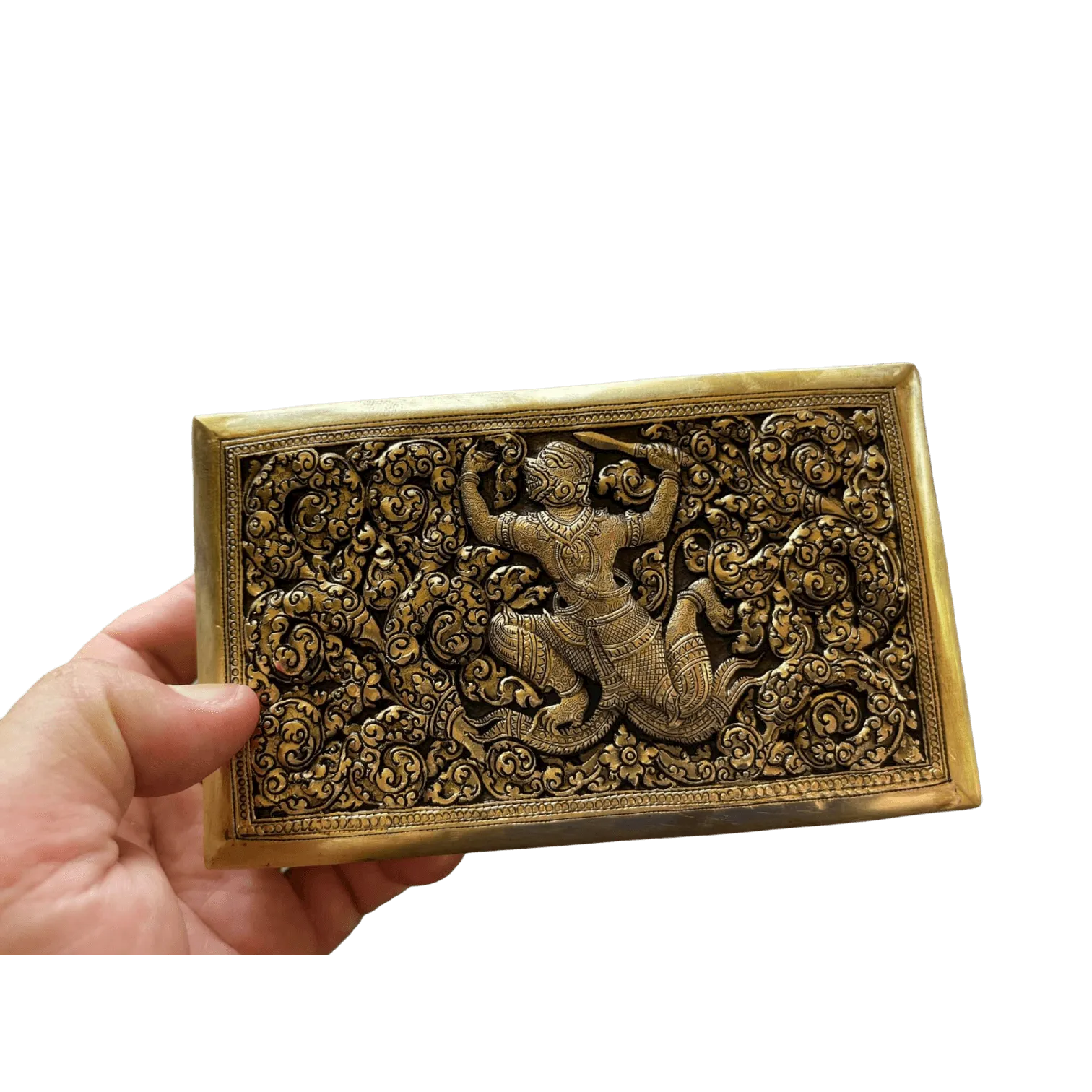 Hand Engraved Solid Brass Niello Rectangular Betel Box - Hanuman