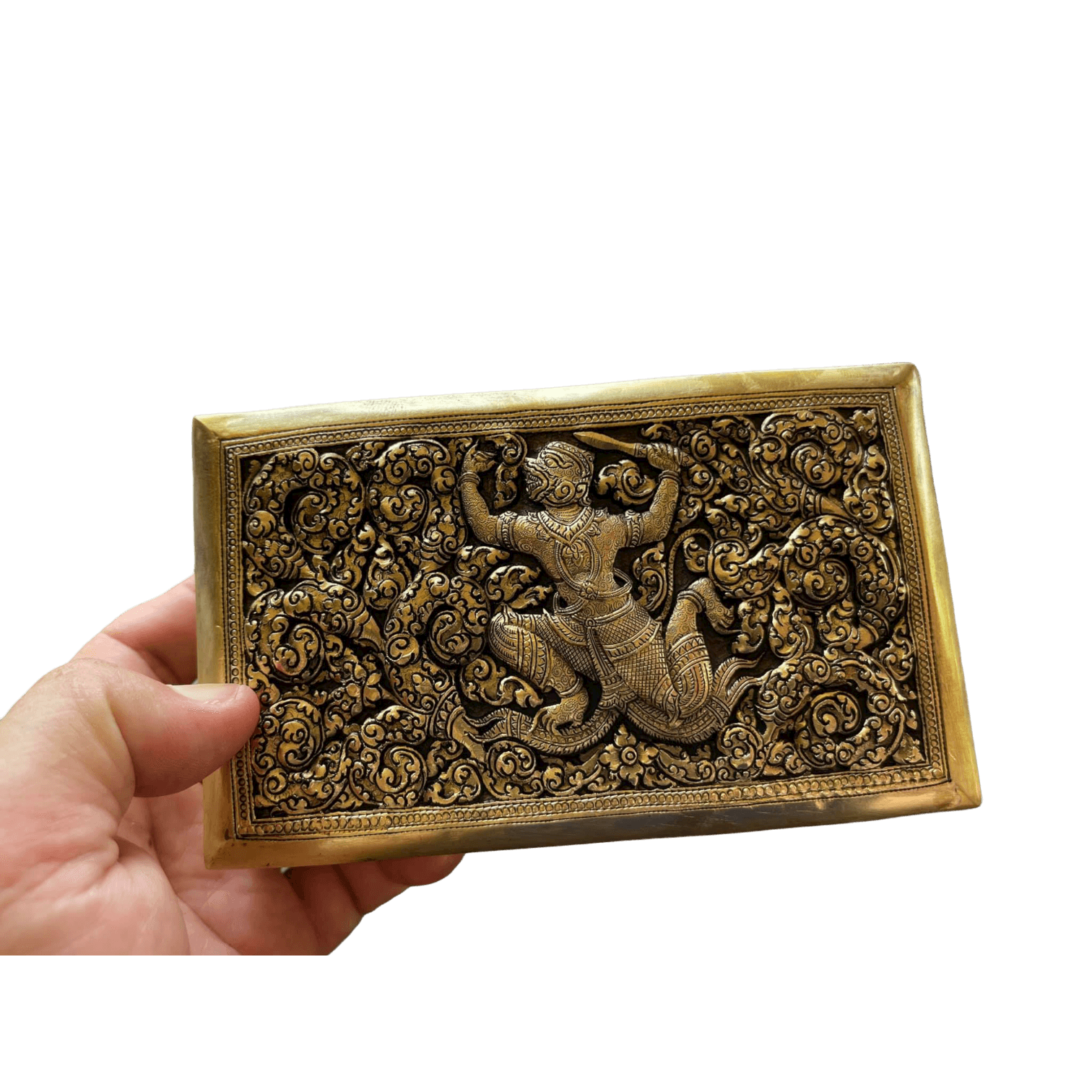 Hand Engraved Solid Brass Niello Rectangular Betel Box - Hanuman Hand Engraved Solid Brass Niello Rectangular Betel Box - Hanuman 