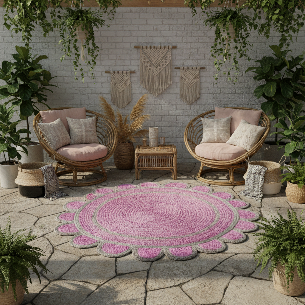 Handmade Scalloped Round Jute Rug - Pink