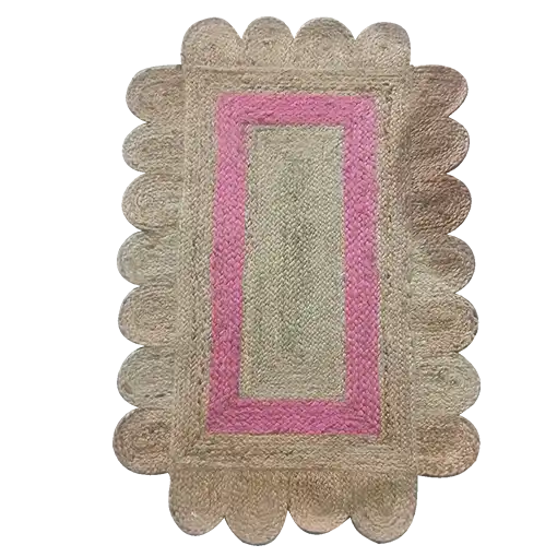 Top view of a handmade pink scalloped border jute rug, ideal for adding a charming touch to dining rooms or offices. This area rug features a natural jute texture with a vibrant pink border, perfect for dining room area rugs or rugs for office spaces.