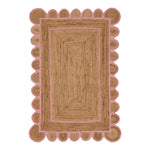 Rectangular rug with scalloped edge and pink border on a white background