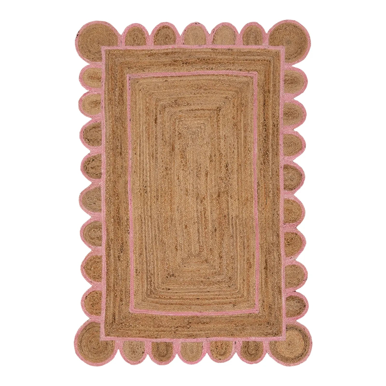 Rectangular rug with scalloped edge and pink border on a white background