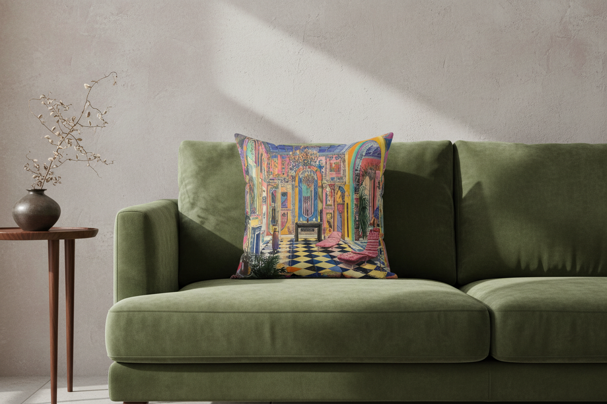A square throw pillow featuring a colorful, painterly depiction of a grand hall with a checkered floor, styled on an olive green velvet sofa in a modern living room setting.