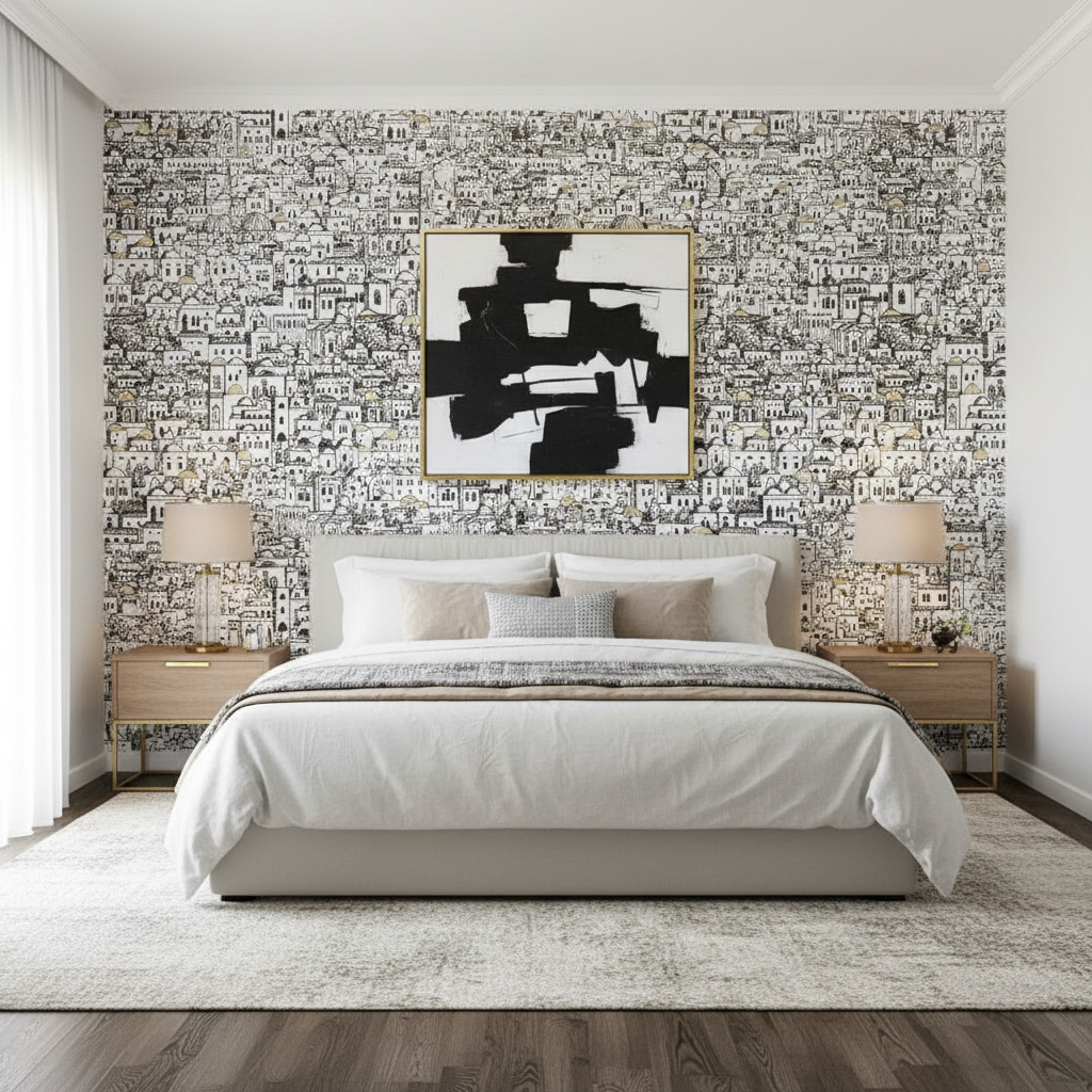 Modern bedroom with abstract art on a patterned wall