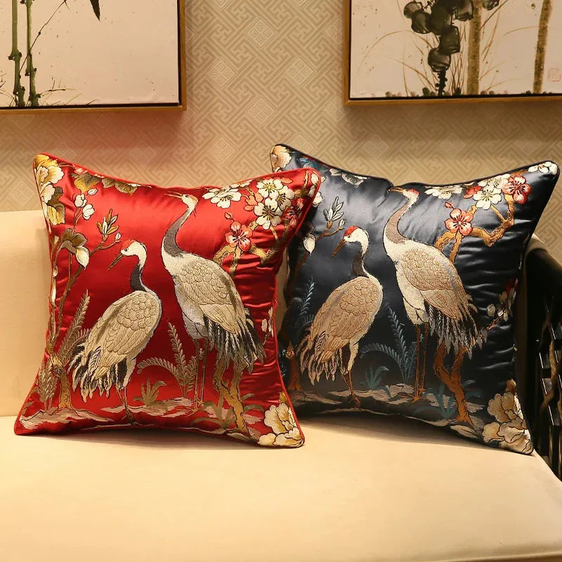 Chinoiserie Crane Embroidered Throw Pillow Cover