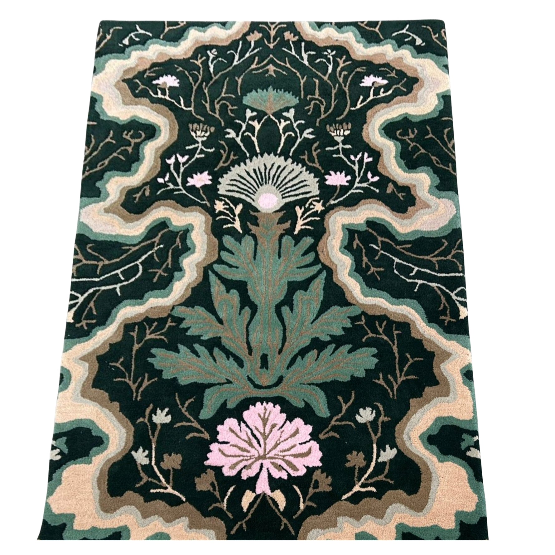 Dark green hand tufted rug featuring intricate floral garden design with beige borders and pink flower accents