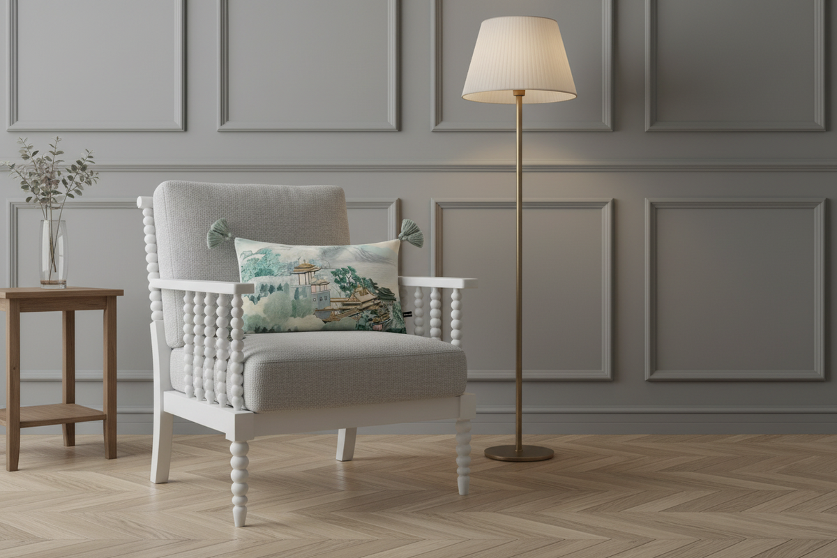 Heritage-Inspired Oriental Garden cushion cover on a white spindle-leg armchair