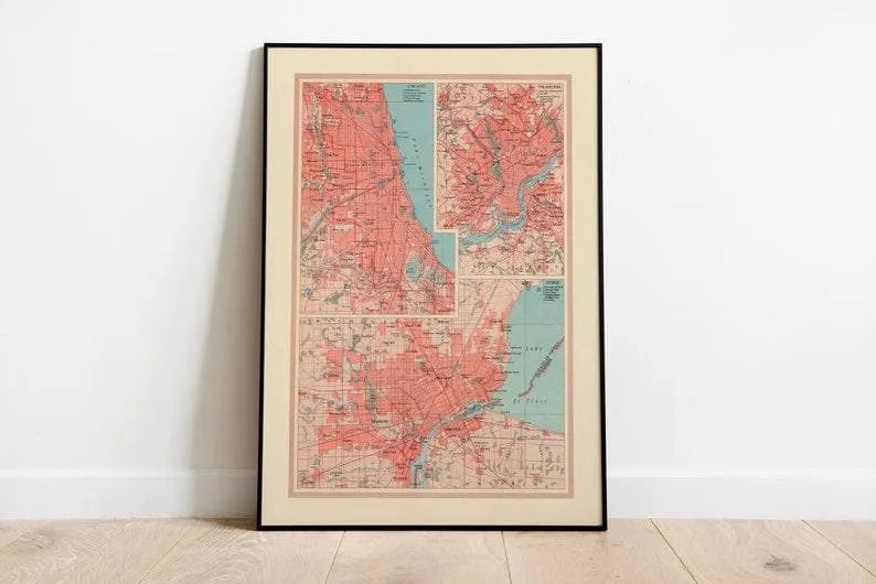 Geographical Map of Chicago, Detroit and Philadelphia| Map Wall Decor