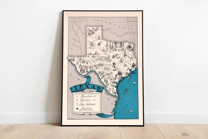 Vintage Texas Map Print| Texas Canvas Wall Art