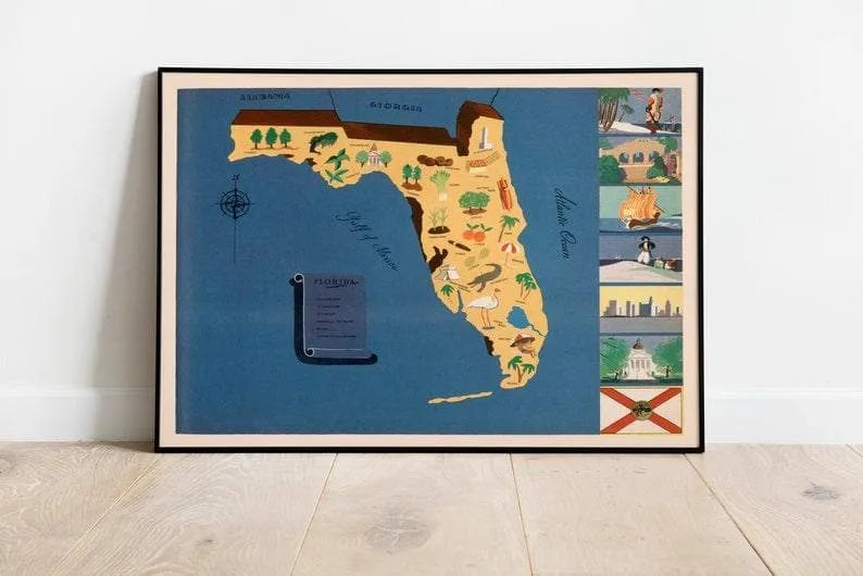 Historical Map of Florida| 1938 Florida Map Wall Print