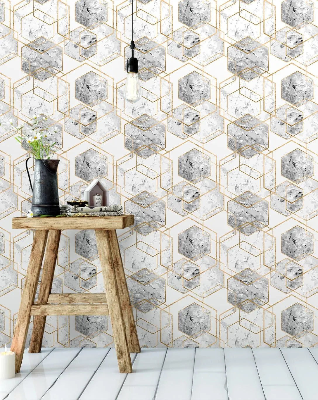 Honeycomb Marble Gold Hexagon Wallpaper