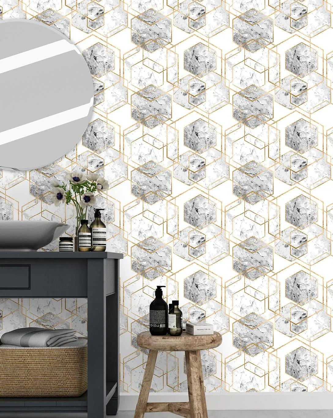 Honeycomb Marble Gold Hexagon Wallpaper