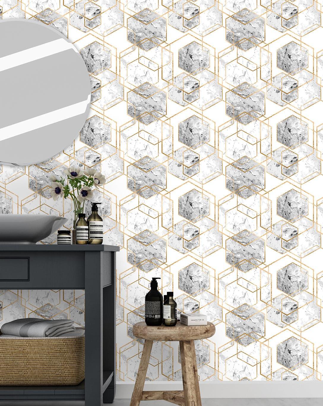 Honeycomb Marble Gold Hexagon Wallpaper 