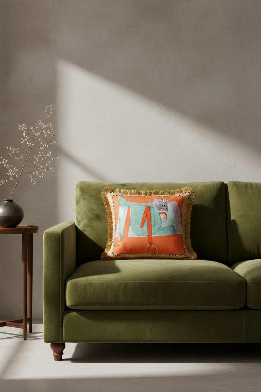A cream-colored fabric slipcovered sofa with a decorative square throw pillow featuring an orange and teal graphic design with gold fringe.