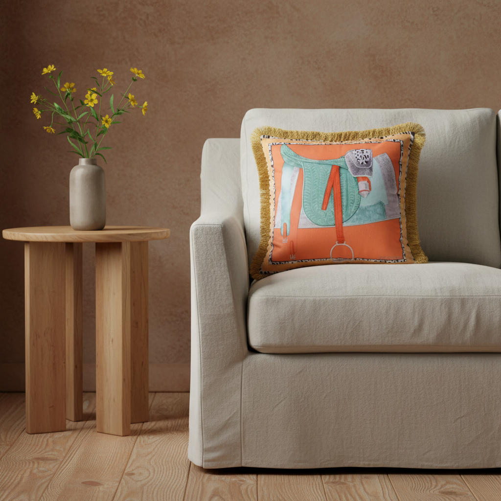 A cream-colored fabric slipcovered sofa with a decorative square throw pillow featuring an orange and teal graphic design with gold fringe.