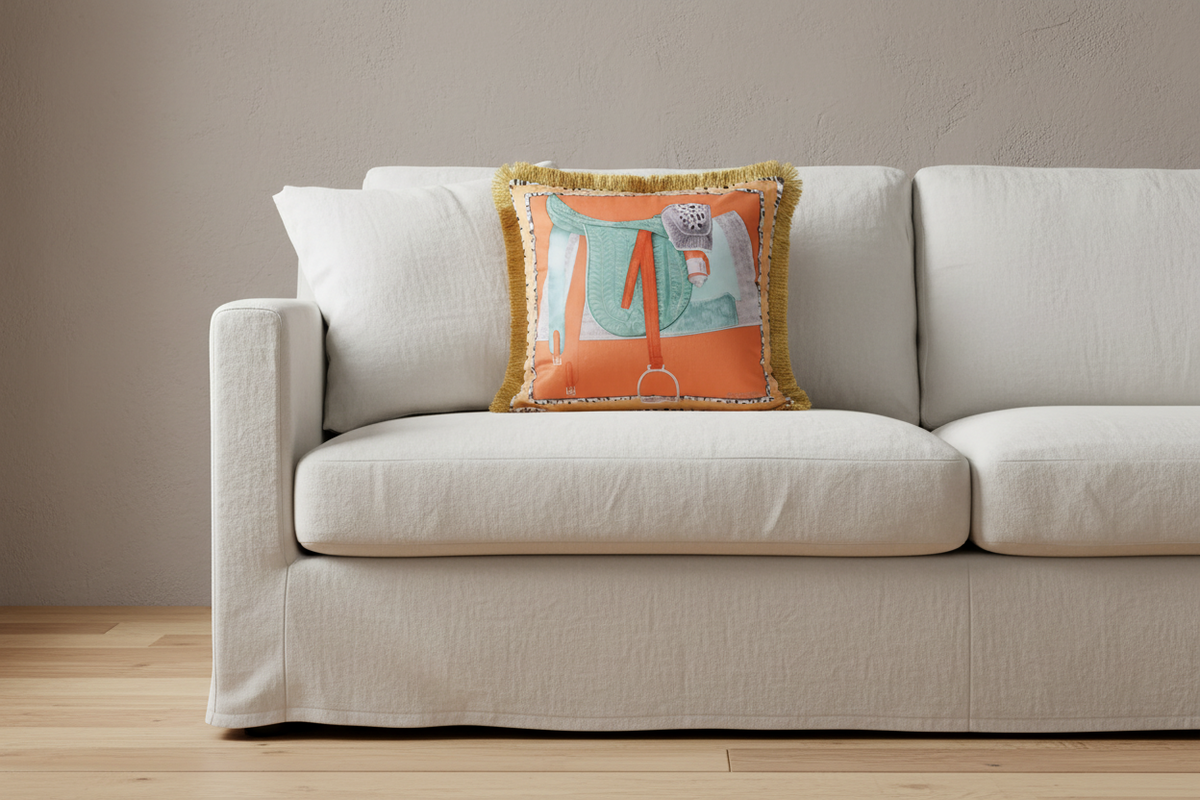 A cream-colored fabric slipcovered sofa with a decorative square throw pillow featuring an orange and teal graphic design with gold fringe.