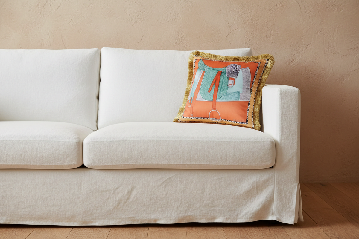 A cream-colored fabric slipcovered sofa with a decorative square throw pillow featuring an orange and teal graphic design with gold fringe.