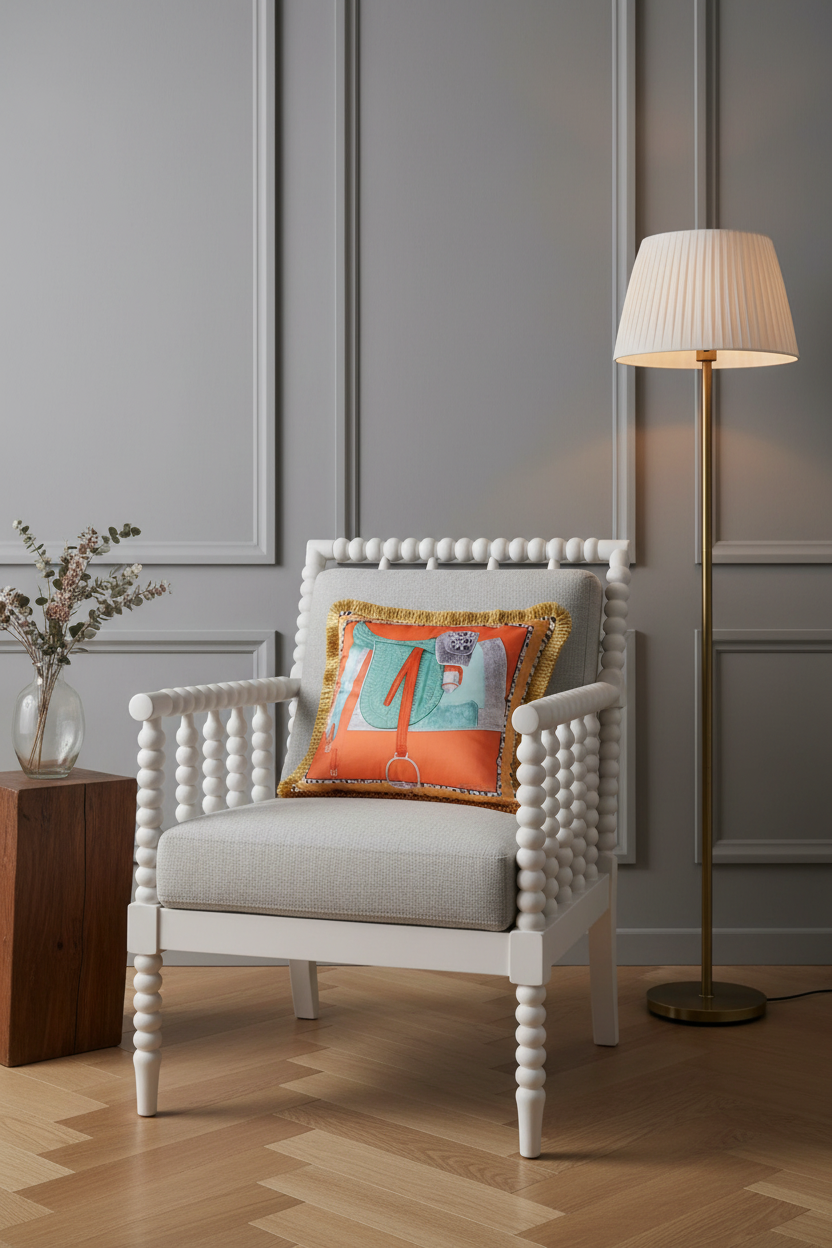 A cream-colored fabric slipcovered sofa with a decorative square throw pillow featuring an orange and teal graphic design with gold fringe.