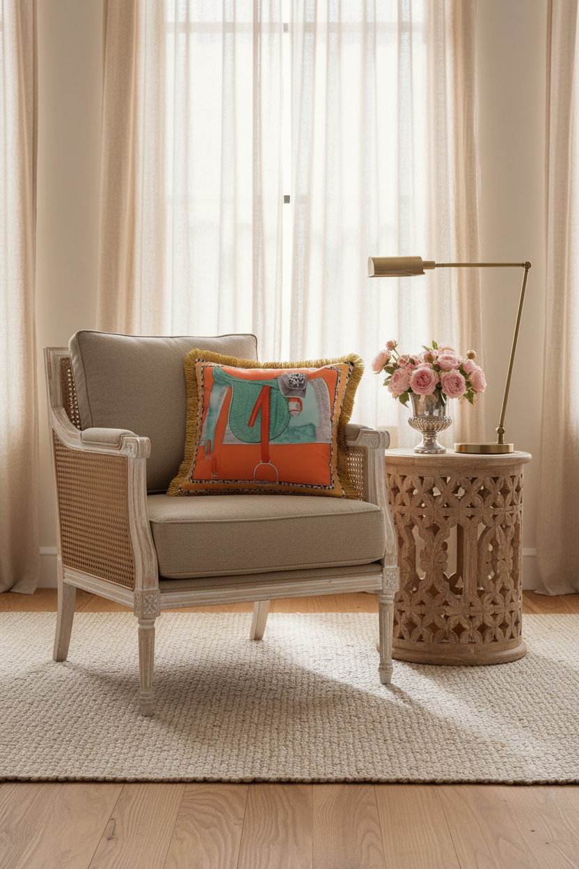 A cream-colored fabric slipcovered sofa with a decorative square throw pillow featuring an orange and teal graphic design with gold fringe.