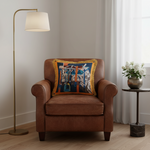 A brown leather armchair in a styled living room setting, featuring a decorative throw pillow with a colorful illustration and gold fringe. A tall brass floor lamp stands to the left, and a small side table with white flowers is on the right.
