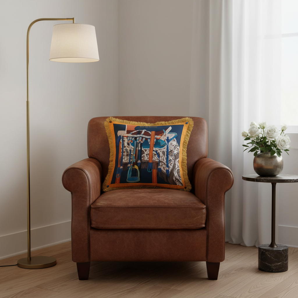 A brown leather armchair in a styled living room setting, featuring a decorative throw pillow with a colorful illustration and gold fringe. A tall brass floor lamp stands to the left, and a small side table with white flowers is on the right.