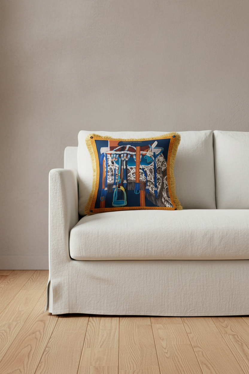 A light gray upholstered armchair with white turned wood arms and legs, styled in a room with gray paneled walls, a wooden floor, a floor lamp, and a decorative throw pillow featuring a colorful guitar illustration.