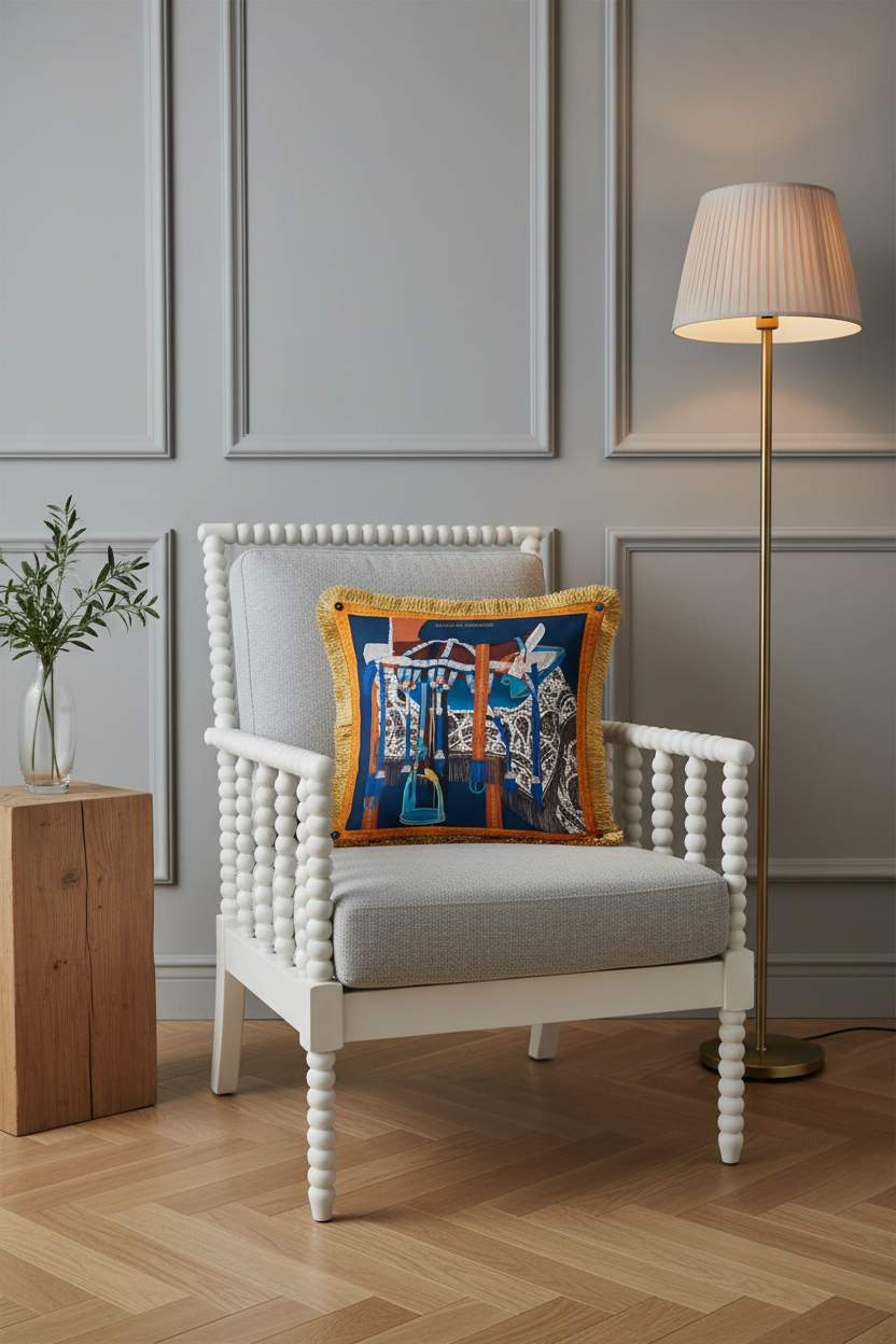 A light gray upholstered armchair with white turned wood arms and legs, styled in a room with gray paneled walls, a wooden floor, a floor lamp, and a decorative throw pillow featuring a colorful guitar illustration.