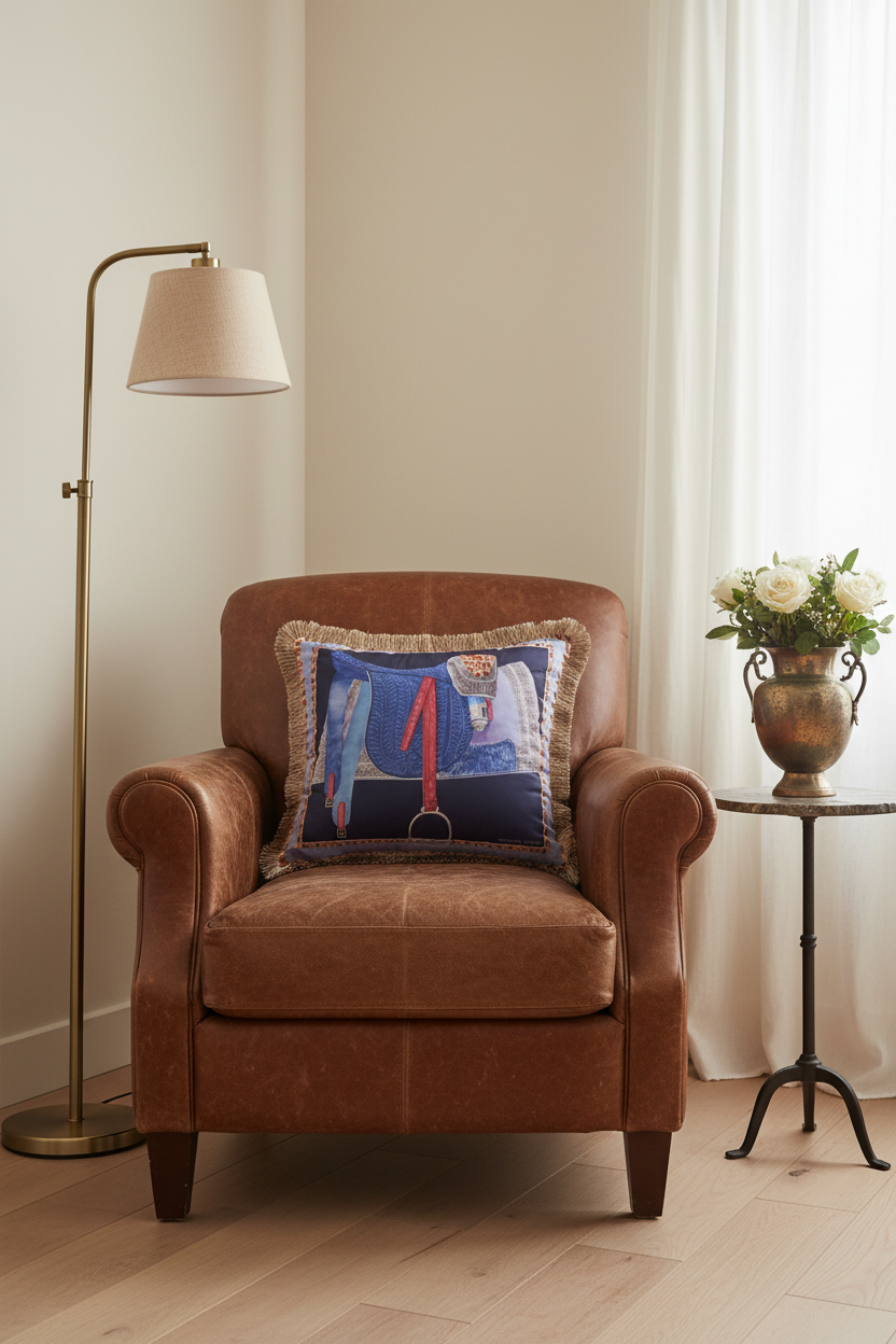 An olive green velvet sofa in a modern living room setting, styled with a decorative throw pillow and a small wooden side table with dried flowers.