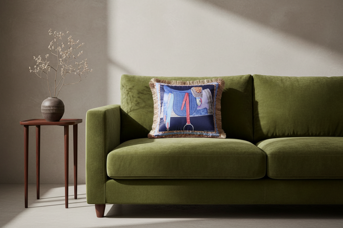 An olive green velvet sofa in a modern living room setting, styled with a decorative throw pillow and a small wooden side table holding a vase with dried branches.
