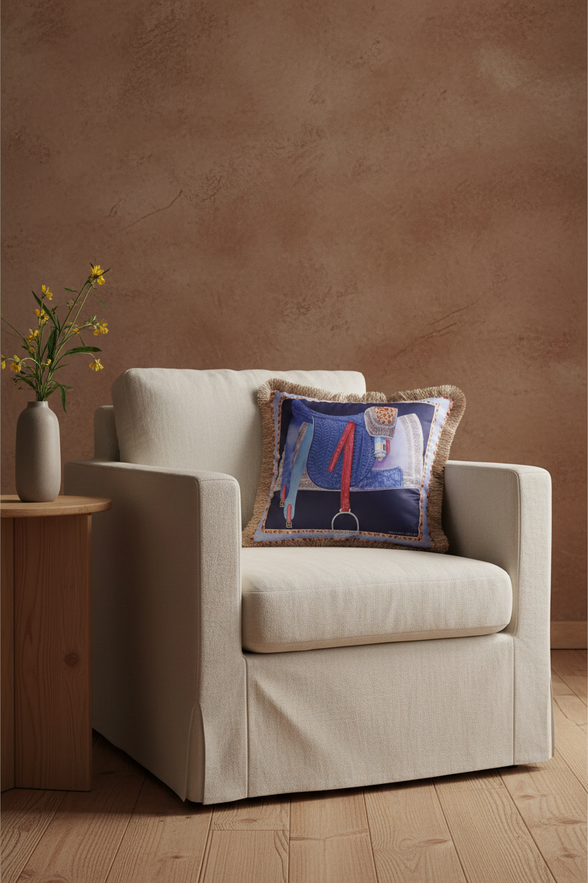 An olive green velvet sofa in a modern living room setting, styled with a decorative throw pillow and a small wooden side table holding a vase with dried branches.