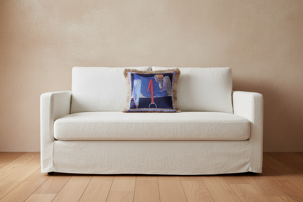 An olive green velvet sofa in a modern living room setting, styled with a decorative throw pillow and a small wooden side table with dried flowers.