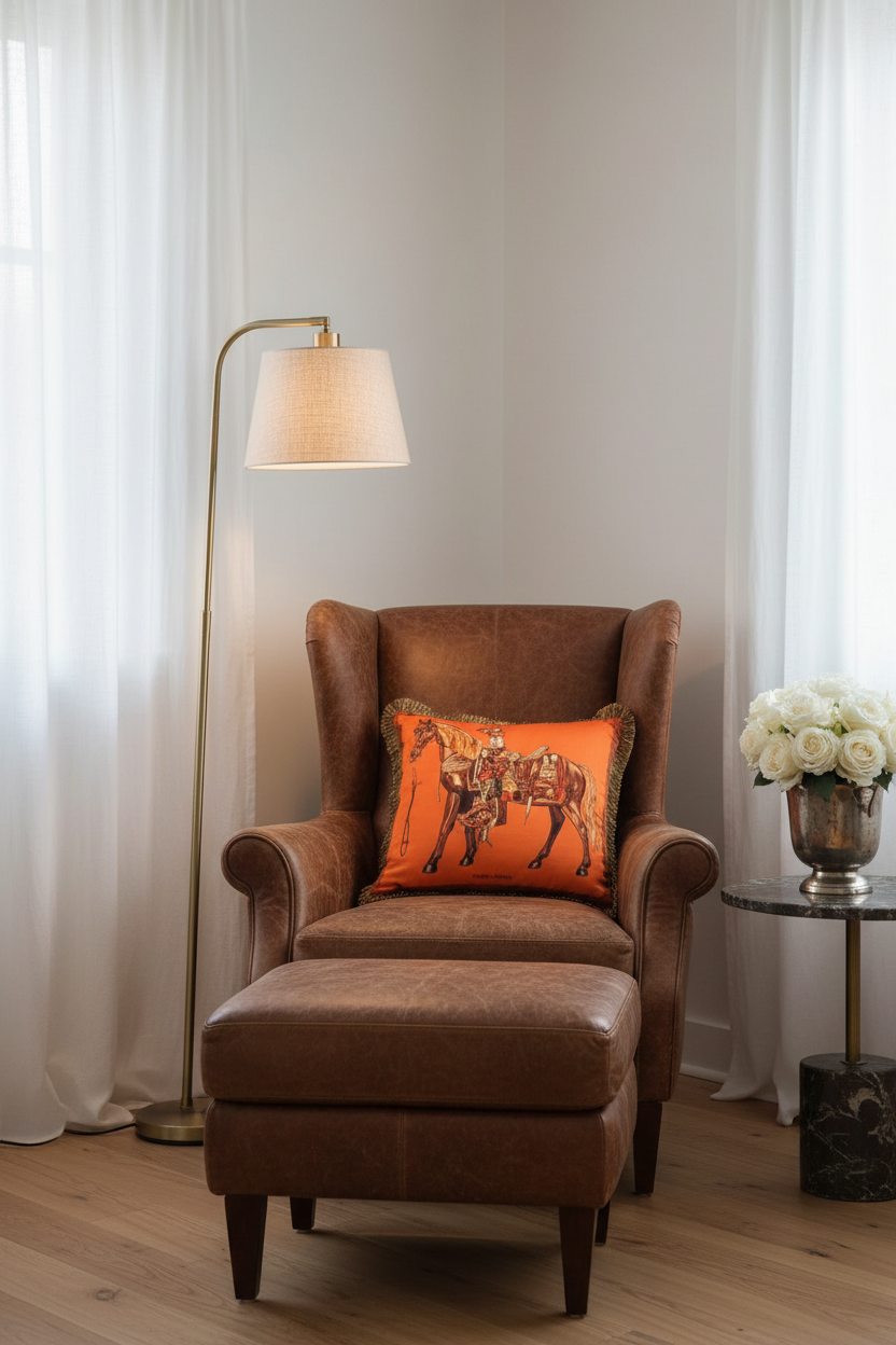 A white armchair with a light gray upholstered seat, styled in a room with a gray paneled wall, a wooden floor, a floor lamp, and a side table. The chair features a decorative green throw pillow with a gold horse design.