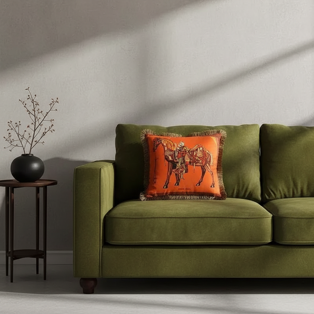 A white armchair with a light gray upholstered seat, styled in a room with a gray paneled wall, a wooden floor, a floor lamp, and a side table. The chair features a decorative green throw pillow with a gold horse design.