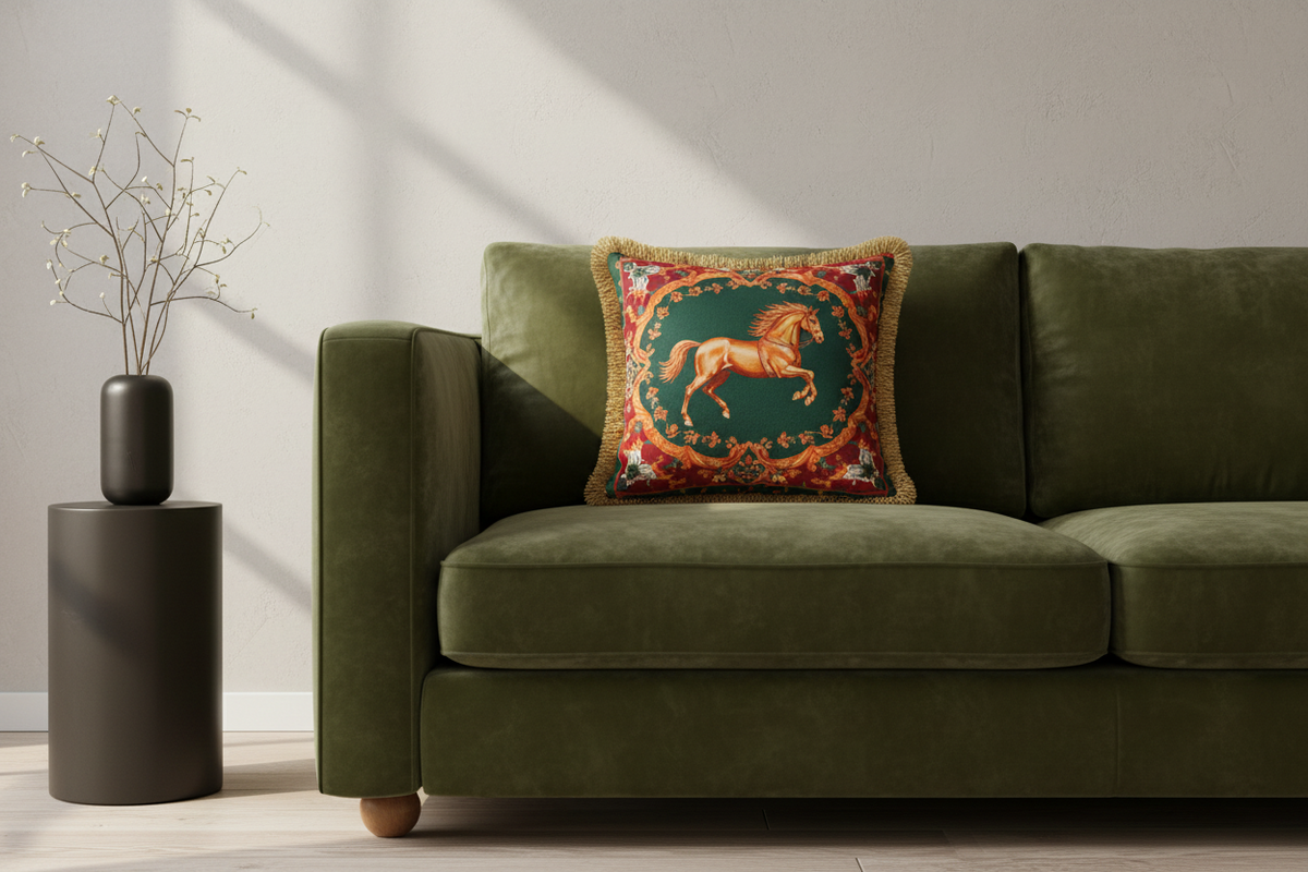 A white armchair with a light gray upholstered seat, styled in a room with a gray paneled wall, a wooden floor, a floor lamp, and a side table. The chair features a decorative green throw pillow with a gold horse design.