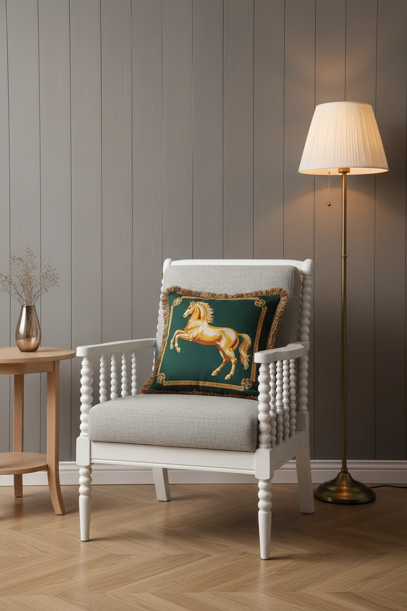 A white armchair with a light gray upholstered seat, styled in a room with a gray paneled wall, a wooden floor, a floor lamp, and a side table. The chair features a decorative green throw pillow with a gold horse design.