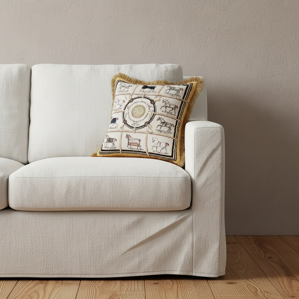 Horses of Hermes White Velvet Throw Pillow Cover with Tassel