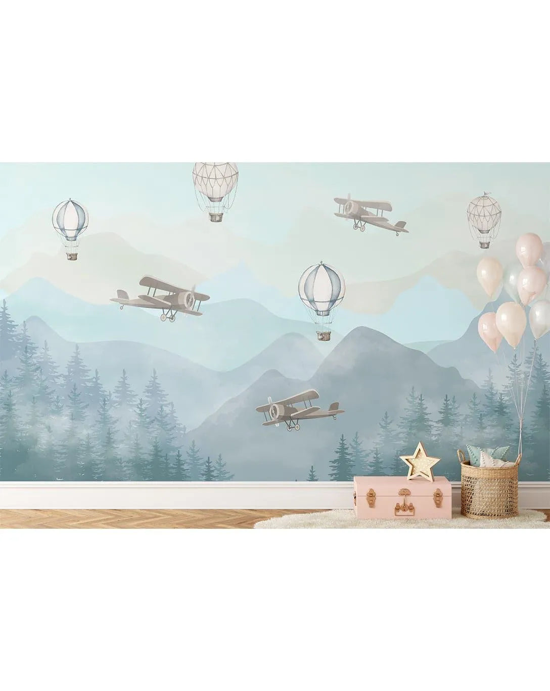 Hot Air Balloons Airplanes and Mountains Self Adhesive Wall Mural