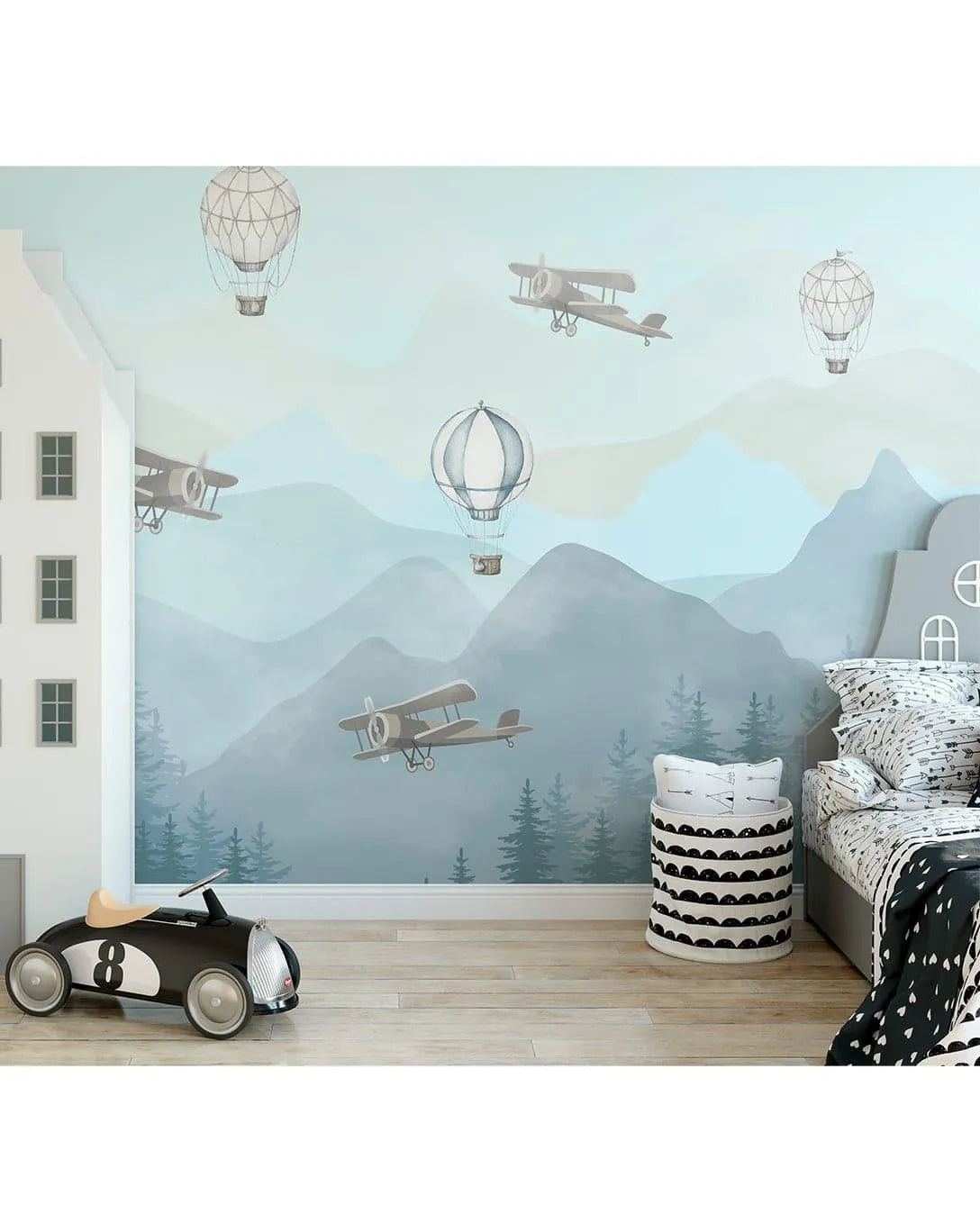 Hot Air Balloons Airplanes and Mountains Self Adhesive Wall Mural