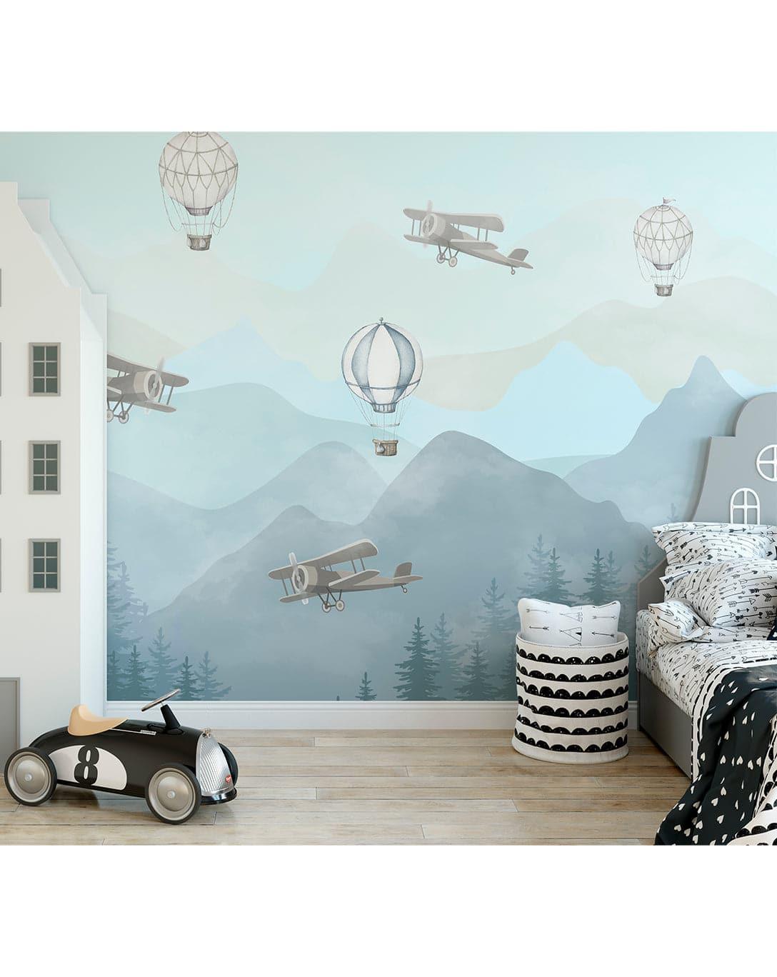 Hot Air Balloons Airplanes and Mountains Self Adhesive Wall Mural Hot Air Balloons Airplanes and Mountains Self Adhesive Wall Mural 
