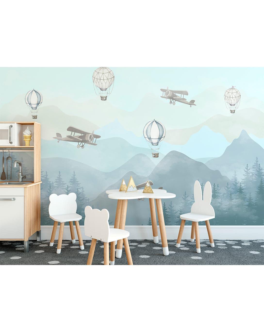 Hot Air Balloons Airplanes and Mountains Self Adhesive Wall Mural 