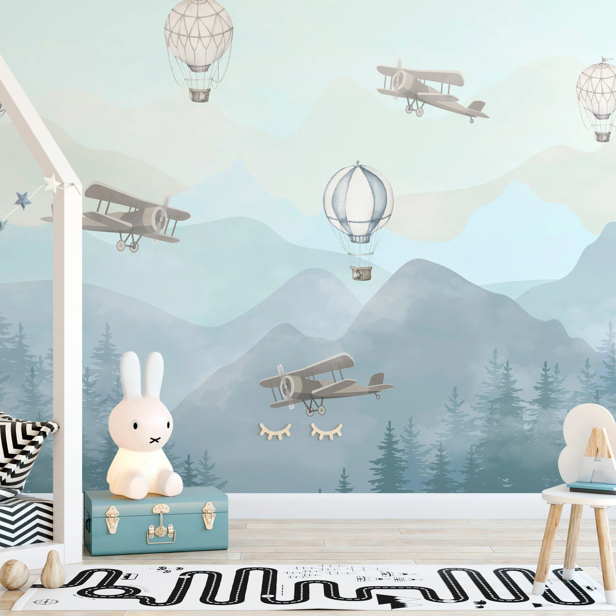 Hot Air Balloons Airplanes and Mountains Self Adhesive Wall Mural