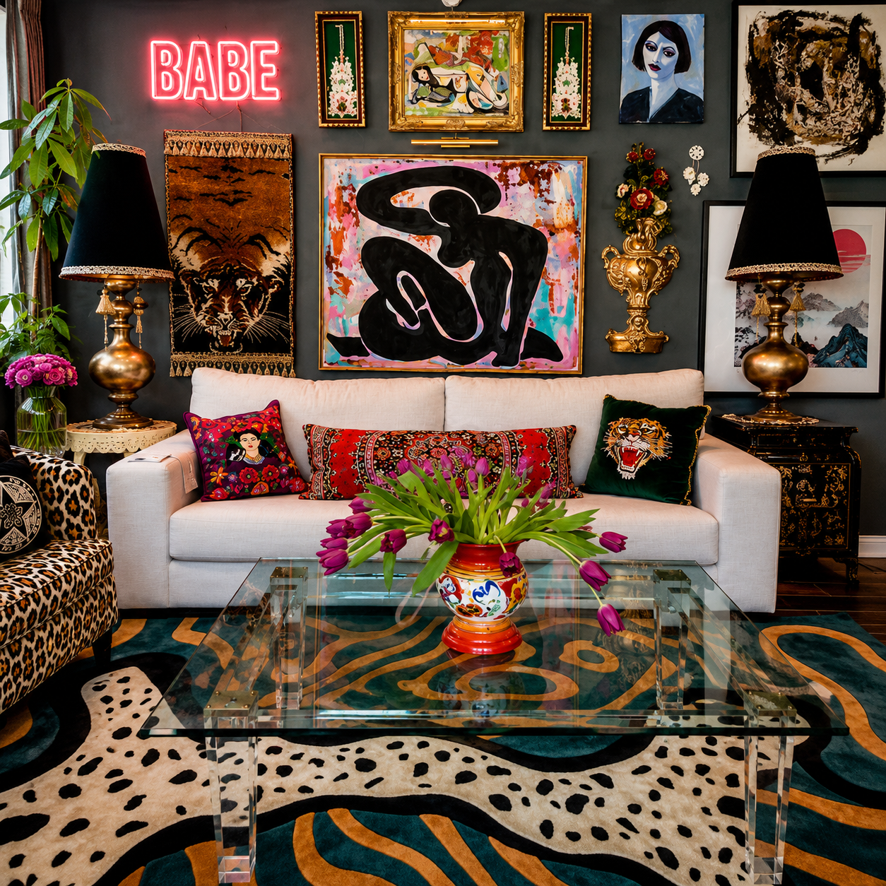 A styled living room featuring a white sofa with colorful patterned pillows, a glass-top coffee table, a bold leopard-print rug, and a wall covered in framed art, tapestries, and a neon 'BABE' sign.