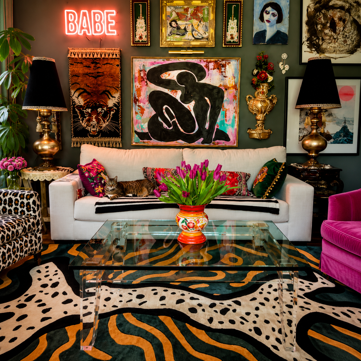 A highly styled, eclectic living room featuring a white sofa, a clear glass coffee table, a bold black, orange, and white patterned area rug, and a vibrant pink armchair. The room is decorated with multiple framed artworks, ornate brass table lamps, and a glowing red neon 'BABE' sign on the dark green wall.