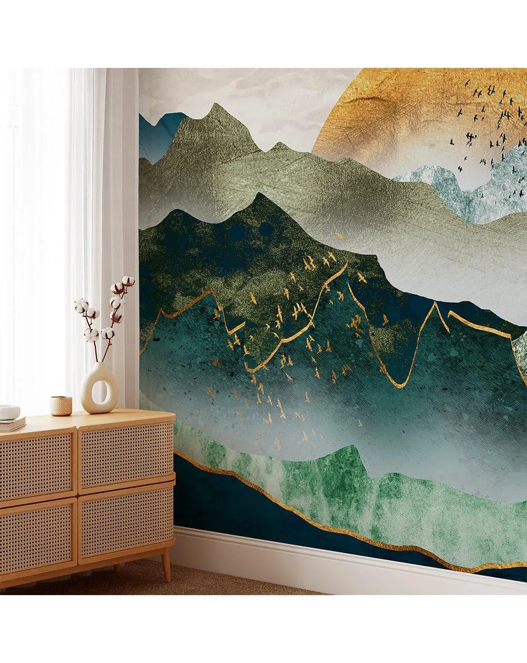 Illustration Green Mountain By Sunset Wall Mural