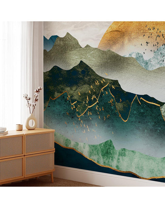 Illustration Green Mountain By Sunset Wall Mural Illustration Green Mountain By Sunset Wall Mural 