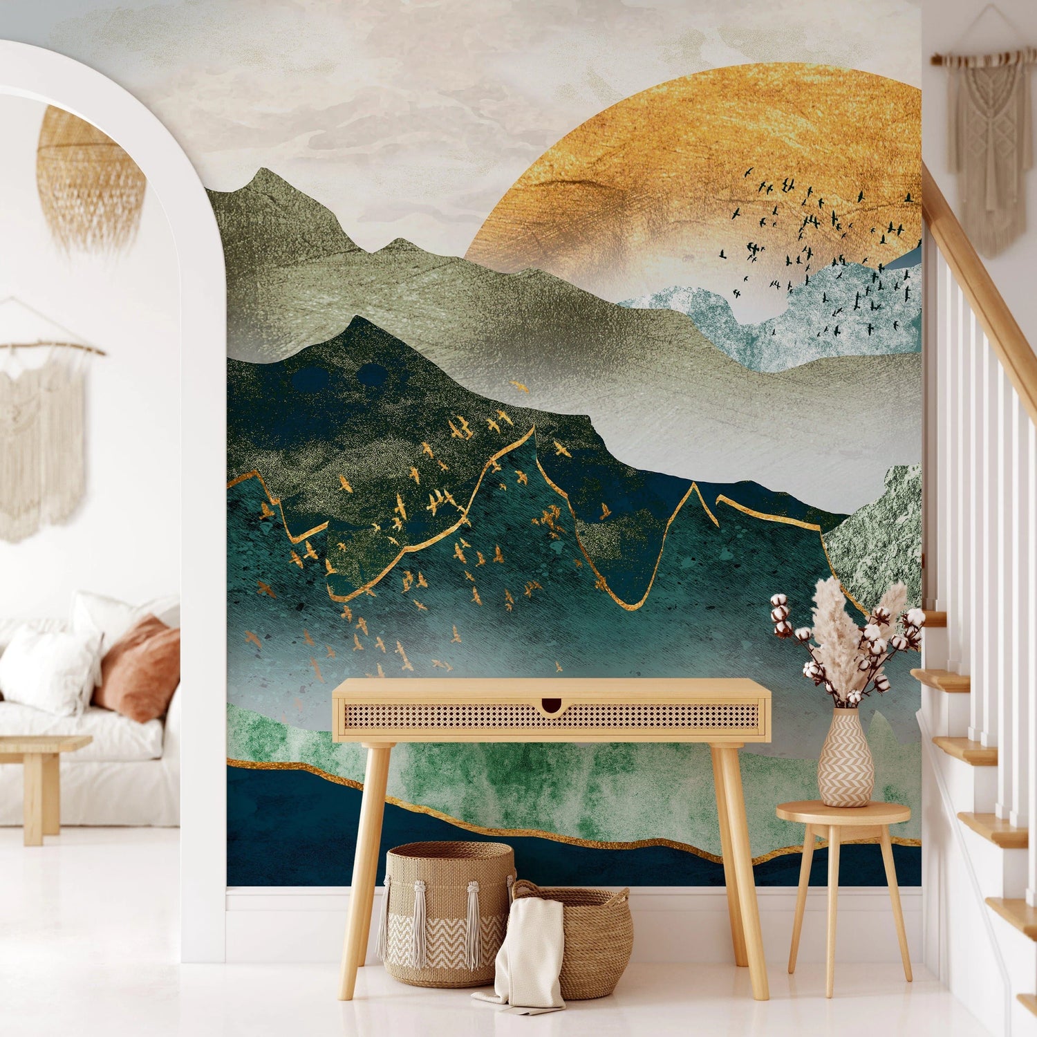 Illustration Green Mountain By Sunset Wall Mural